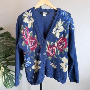 Vintage 90s Blue Floral Knit Button Front Cardigan Sweater Womens Medium